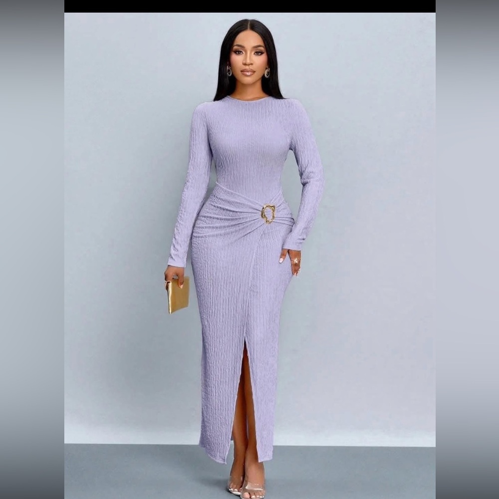SHEIN Lavender Long Sleeve Ruched Midi Dress with Gold Ring
